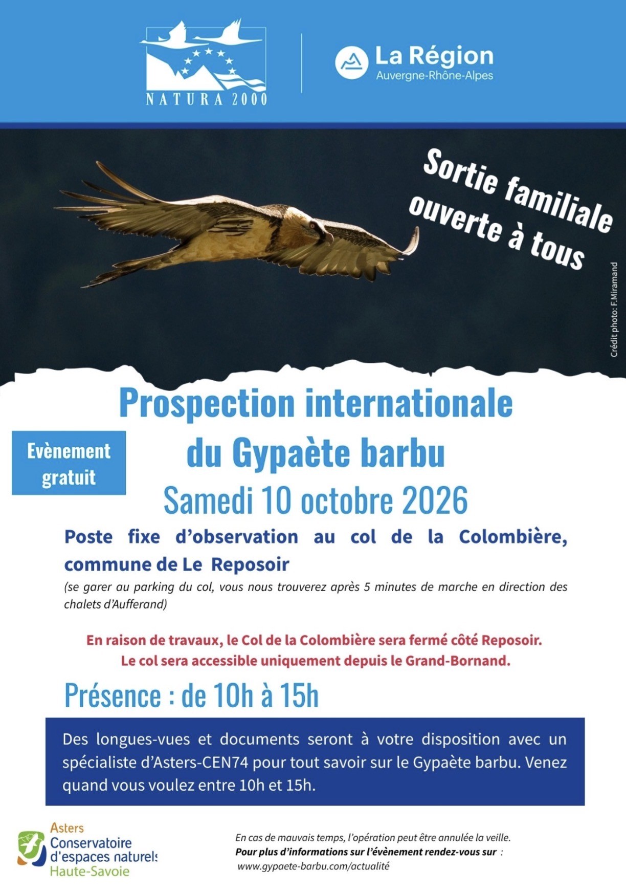Samedi 10 octobre 2026 : Journée de prospection du gypaète barbu